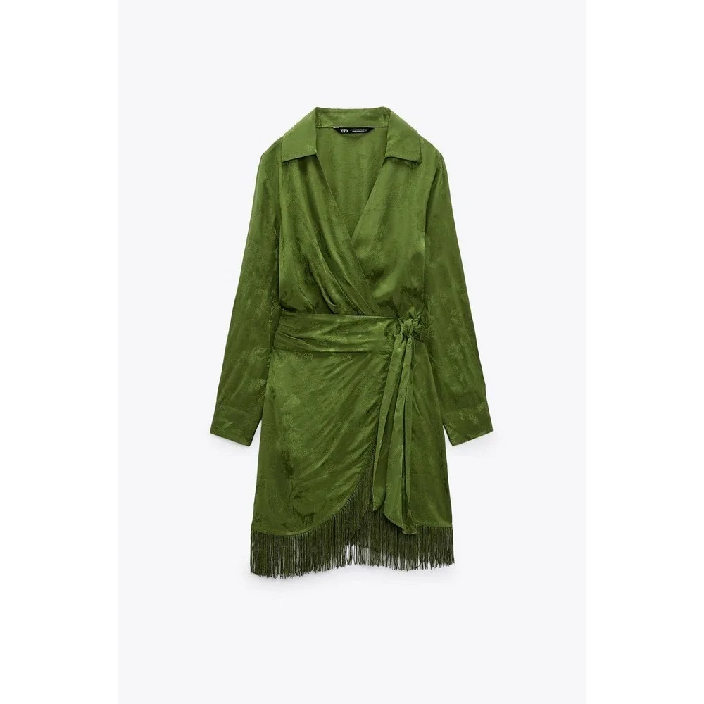 ZARA fringed Jacquard wrap dress green 2157/035 - Picture 14 of 16